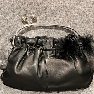 Mania Black Leather Clutch Purse w/ Feather & Leather Rose-Clutch/Crossbody
